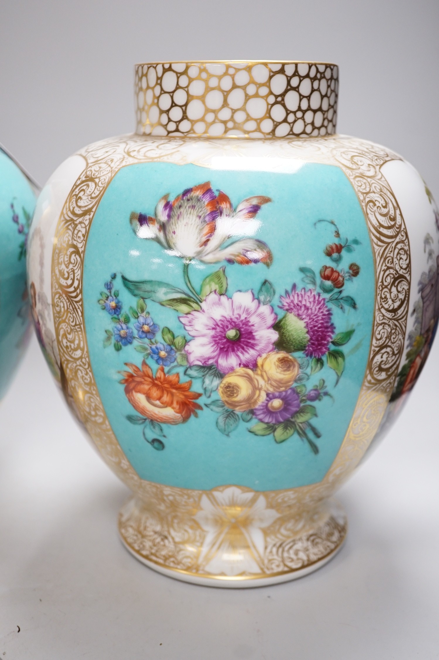 A pair of large Helena Wolfsohn, Dresden porcelain ovoid vases and covers, 43cm